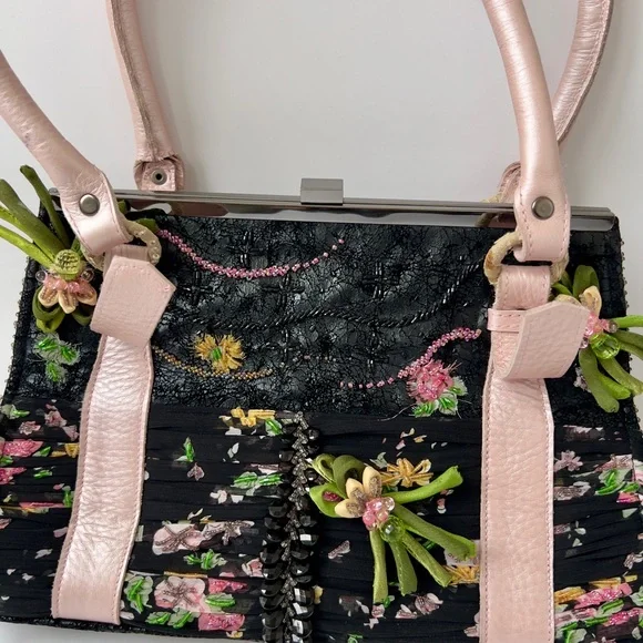 Mary Frances Floral Embellished Black and Pink Handbag - Picture 3 of 8